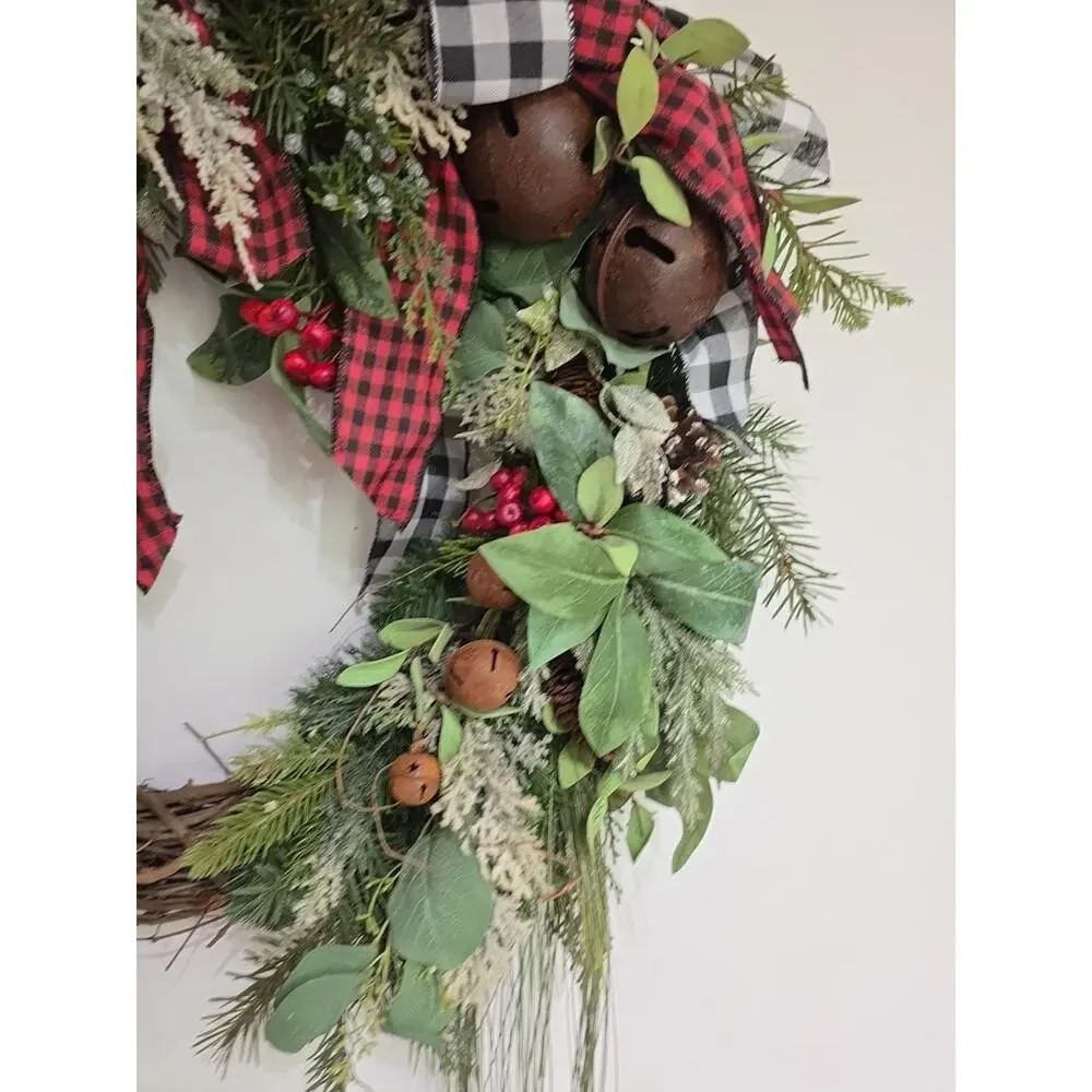 Handmade Buffalo Plaid Farmhouse Christmas Wreath Bells Berries Pinecones